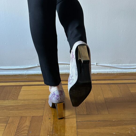 Timothy Hitsman Purple Grey Snake Embossed Leather Gold Metal Wire Heels us 11 - Picture 6 of 9